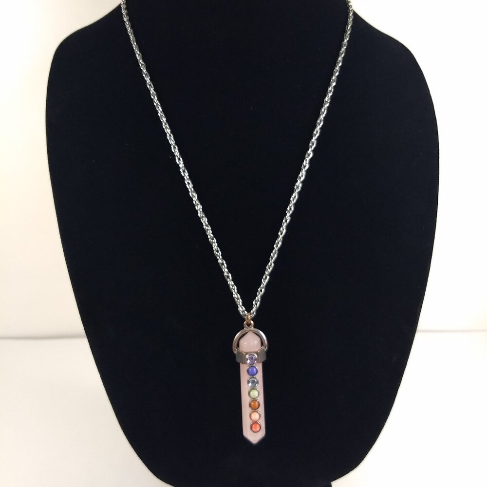 Pink Crystal Rainbow Stone Pendant Necklace Silver Tone Rope Chain Witch Cottage